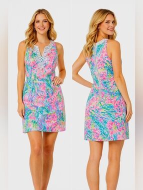 Lilly Pulitzer Shift Dress Pink Blue Floral Embroidered Neck Sleeveless Size 6